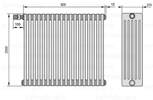 Схема (чертеж) Радиатор Zehnder Charleston 6250/18 №V011 Белый глянцевый RAL 9016